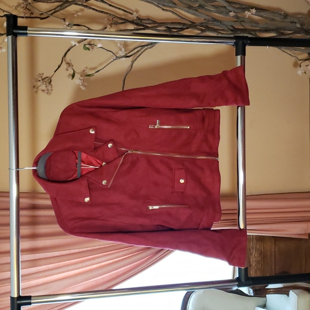 Burgundy (Faux) Suede Moto Jacket. Red Motorcycle Jacket XL. NWT. Express. - Picture 5 of 9